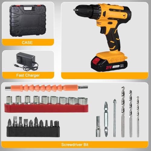 Black and Grey 21V Cordless Drill with 25 1 Torque, 30N.m, 3/8'' Keyless Chuck, LED Light, Battery and Charger(Gray)