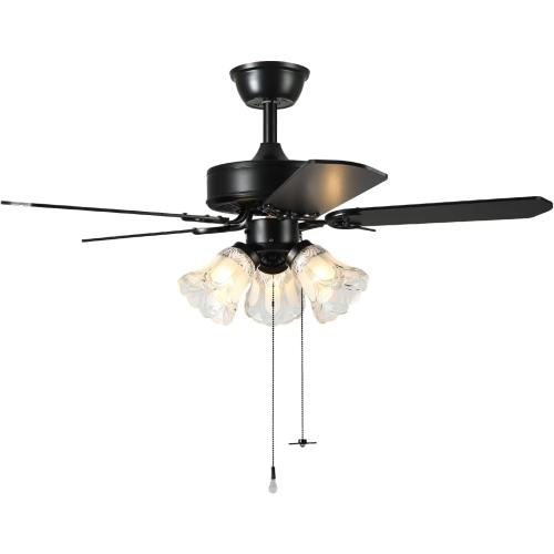 42 Inch Indoor Ceiling Fan with Pull-Chain and Three LED Light Bulbs Base, Traditional 3-Speeds Reversible Blades Ceiling Fan (Black)
