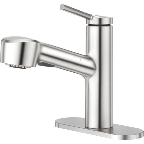 Silver CREA Pull Out Bathroom Faucet Single Hole 1 Handle Utility Sink Faucet with Sprayer Handheld Laundry Room Bath Tub Faucet for Kids Pet Vanity Face Basin Mixer Tap Brushed Nickel Stianless Steel
