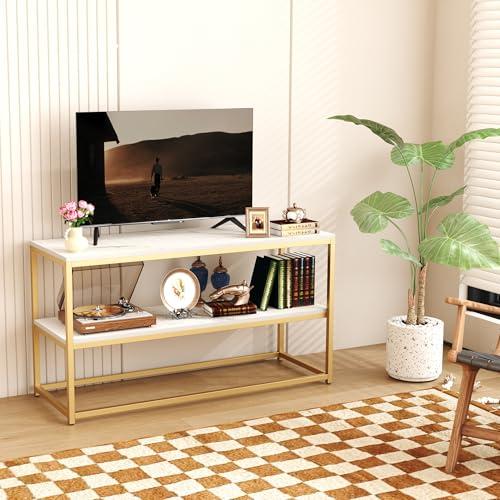 Function Home TV Stand for TVs up to 50 Inch, 3 Tier Entertainment Center, Modern TV Cabinet with Marble Top and Gold Metal Base, 42 Media Console Table with Storage for Living Room Bedroom