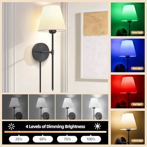 Plug in Wall Sconces Set of Two, Dimmable Wall Sconces White Fabric Shade with Remote Control,Wall Lamp with 6FT Plug in Cord,16 Colors Modes Wall Light for Bedroom Living Room,Black