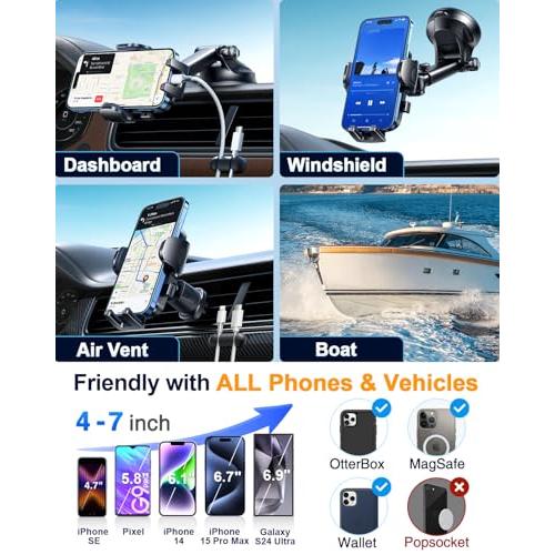 YRU True Military-Grade [360° Rotation Suction] 2026 Ultimate Car Phone Holder Mount【90 LBS Safest Strongest & Patent Certs】 Dash Windshield for iPhone 17 16 Pro Max Speakerphones, Gloss Black