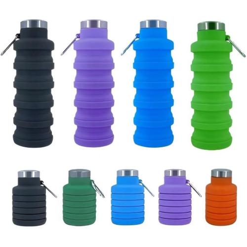Collapsible Water Bottles，17oz Large capacity Silicone Water Bottle with Carabiner，Reusable Foldable Lightweight Sports Water Bottle for Travel Gym Camping Hiking (Black Purple Blue Green)