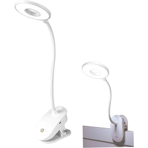 White Clip on Light, Desk Lamp 1200mAh, Round LED Clamp Light, 2W Desk Lamp for Reading, Night Clip on for