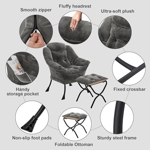 Fabric Lazy Chair with Ottoman, Oversized Upholstered Sofa Chair for Adults, Plush Comfy Lounge Chair with Large Side Storage Pocket, Reading Chair for Living Room, Bedroom, Office, Dark Gray