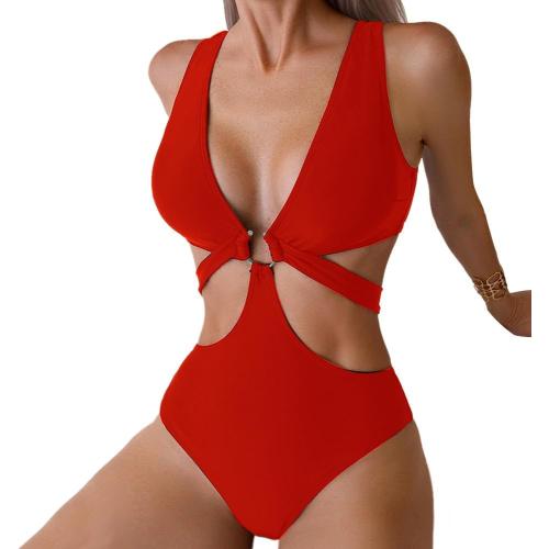 Size M Women's Deep V Neck One Piece Swimsuit O-Ring Swimwear Sexy Cut Out Bathing Suit