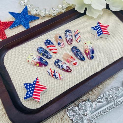 30Pcs 4th of July Press on Nails Almond Patriotic Fake Nails with American Flag Star & Fireworks Designs Red White Blue False Nails Medium Acrylic Stick on Nails for Women Independence Day Decoration