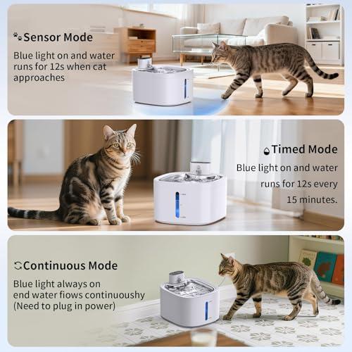 Cat Water Fountain Wireless: 118oz/3.5L Battery Operated Pet Water Fountain for Cats Indoor with Motion Sensor, Quiet Automatic Fountain with Stainless Steel Tray(8Filters)
