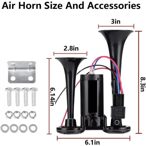 12V 600DB Super Loud Dual Electric Air Horns Kit with Compressor Applicablefor Any 12V Vehicles SUV Truck Car Airhorns Horn Loud Motorcycle Trucks Boats Trains Speaker (Black)
