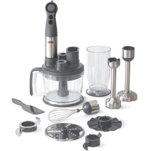 Dash Chef Series Deluxe Immersion Hand Blender Set, 5 Speed, 330W with Food Processor, Whisk, Masher & Dough Hook Attachments, Stainless Steel Blades for Soups, Sauces, Smoothies & Purées - Cool Grey