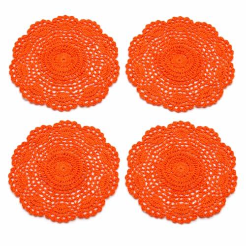 8 Round Crochet Doilies 4Pcs, Cotton Floral Lace Placemats, Handmade Embroidered Coasters for Table Furniture Wedding Decor (Orange)