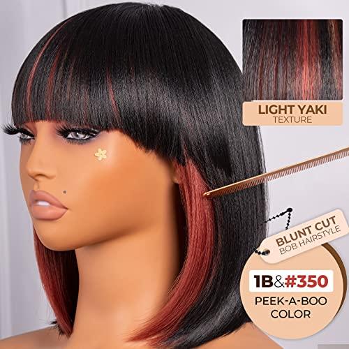 ToyoTress Short Bob Wigs With Bangs - 12 Inch Black Mix Orange Yaki Straight Hair Daily Costume Wig For Black Women, Soft Light Synthetic Hair Replacement Wigs Heat Resistant (12 Inch, SH350-612H)
