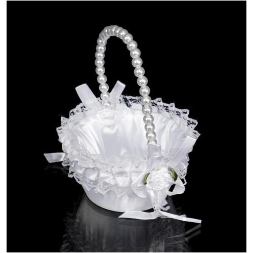 Wedding Flower Girl Basket with Pearl Handle,Satin Flower Storage Basket for Wedding Home Garden Decor (5835 Small, 1)