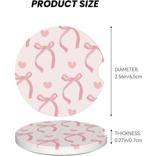 Pink Bow Love Heart Car Cup Holder Coaster 2 Pack Absorbent Ceramic Car Coasters for Cup Holders Car Accessories Interior for Women Men Universal Anti Slip Cork Base Cup Coasters with Finger Notch
