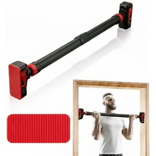 Pull Up Bar for Doorway - Adjustable No Screws Chin Up Bar for Home Gym, 440 LBS Max Load, with Level Meter & Anti-Slip Design for Strength Training,Red