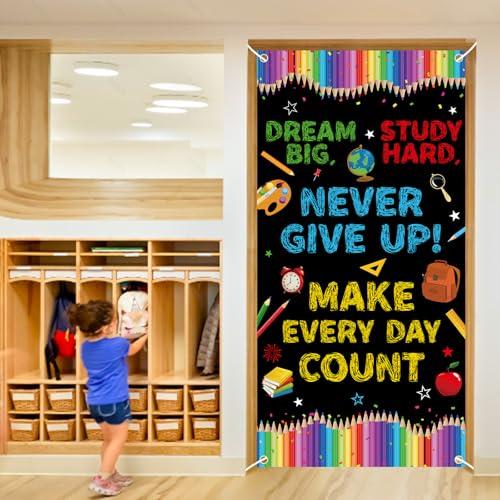 71 x 35 Inches Welcome First Day of School Motivational Door Cover Banner for Doorway Wall, Large Dream Big Never Give Up Make Every Day Count Poster Sign, Back to School Decor for Teachers Students