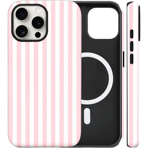 Magnetic for iPhone 13/14 Case Cute Stripes Phone Case, Shockproof Slim TPU and Hard PC Protective Phone Cover Compatible with MagSafe Designed for Women Girls, Pink and White