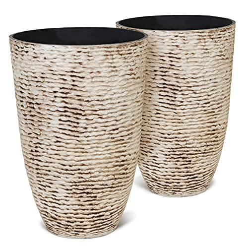 Worth 9 Gallon Tall Round Planters Set of 2-14 Dia x 21 H Stone Finish Flower Pots Indoor Decorative Container Garden Patio Unbreakable Beige