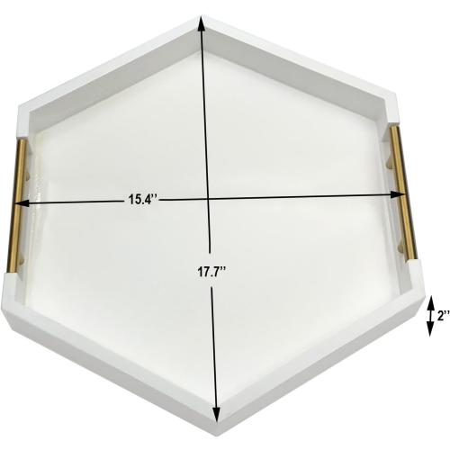 Serving Tray with Polished Metal Handles, Hexagon Coffee Table Tray, Modern Rectangle Decorative Tray, Large Ottoman Tray, Perfect for Storage and Display (White Hexagon)