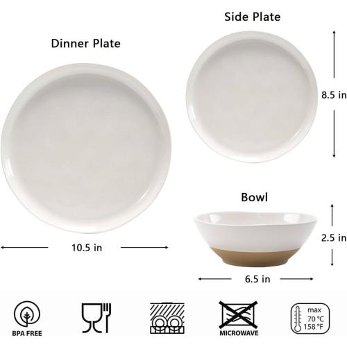 Sets of 12 FINE&NICE Melamine Dinnerware Sets of 12 Pcs, Unbreakable Plates and Bowls Set for 4, Dinner Dishes Set for for Patio, RV and Camping, Dishwasher Safe (White with Brown)