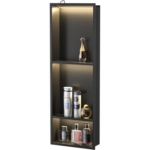 Stainless Steel Led Shower Niche Black 30 X 12 No Tile Needed | Recessed niche matte black w/ 3-tier shelf,Led driver UL listed,vertical niche,non-dimmable,3000K warm light IP66 waterproof