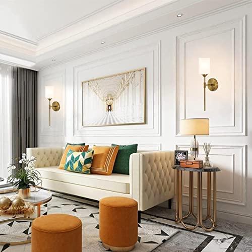 Gold Wall Sconce Set of 2 with White Cylinder Glass Shades Modern Mid Century Bathroom Vanity Wall Light Fixtures Industrial Brushed Brass Wall Lamp for Bedroom Mirror Living Room Restaurant