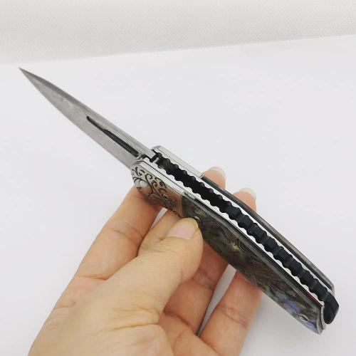 Pocket Knife Damascus Steel Blade, Abalone Shell Handle, Ball Bearing Pivot, Sheath & Pocket Clip for Everyday and Outdoor Camping EDC tool Excellent Gift