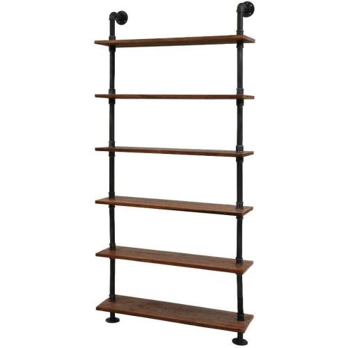 Industrial Pipe Bookshelf, 6 Layer Rustic Modern Wood Ladder Shelf with Metal Frame, Home Decor, Display Shelving, Retro Floating Shelving, 35.4x9.8x79in, 10-20lbs, Pine