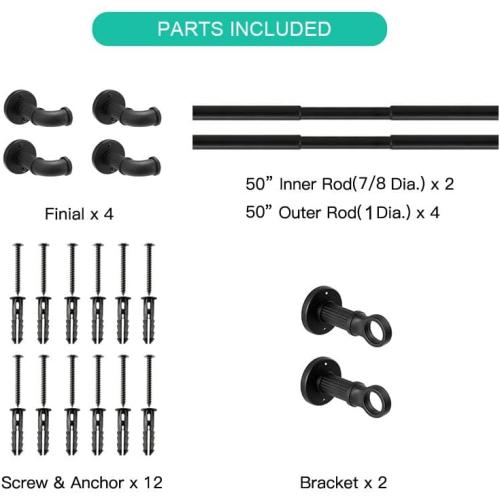 Black Curtain Rods 72 to 144 (6-12Ft) for Window,Outdoor Rods,Industrial 1Inch Pole,Rustic Wrap Around Rod Brackets,Simple rods Indoor/Outdoor Use, Set of 2