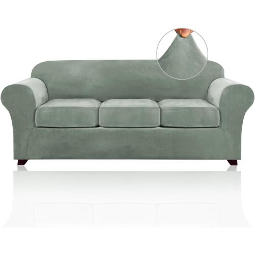 PrinceDeco Velvet Couch Covers for Sofa Soft 4 Pieces Couch Covers for 3 Cushion Couch Sofa Pet Friendly Furniture Protector with Non Slip Elastic Bottom Width Up to 90 Inch(Large, Seagrass)