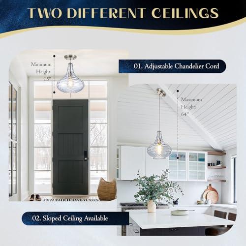Clear 11 Smoked Hammered Glass Pendant Light – Modern Ceiling Hanging Fixture with Brushed Nickel Finish for Kitchen Island, Dining Room, Hallway, Entryway – E26 Base