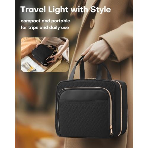 HOTOR Travel Toiletry Bag for Women & Men, Waterproof Makeup Bag with Hanging Hook and Multiple Pockets, Cosmetic Bags for Women, Travel Essentials, 11.2'' x 3.2'' x 8.9'', Black