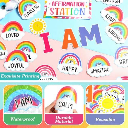 Frienda Rainbow Affirmation Station Bulletin Board Set Motivational Posters Classroom Mirror Growth Mindset Decor Positive Affirmations Accents Cutouts for School Office Home Teacher Wall Supply