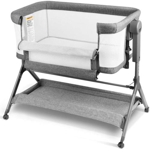 3-in-1 Baby Bassinet, Bedside Bassinet Sleeper, Rocking Bassinet with Comfy Mattress&Breathable Mesh, 6-Height Adjustable, Quiet Moveable & Easy-Assembly Grey Crib, 0-5 Months Baby