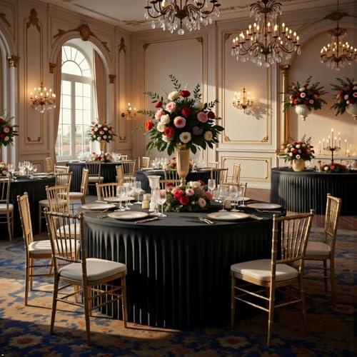 2Pack Black Round Spandex Tablecloths for 72inch/6FT Tables - Stretchy Fitted 6FT Round Table Cloths Wrinkle Free 132inch Table Cloth with Skirt for Wedding Birthday Graduation Party Banquet