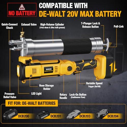 2-IN-1 Cordless Grease Gun for De-Walt 20V Battery, 12000PSI Electric Grease Gun Kit with Lock-On Trigger, LED Light, 39.4 Hose Work with Bulk &Cartridge Grease for Truck, Farm Equipment (No Battery)