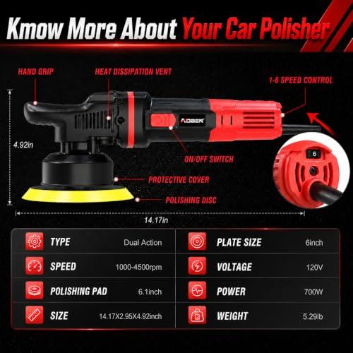 AOBEN Car Buffer Polisher,6 inch Dual Action Polisher,Random Buffer Polisher kit with 6 Variable Speed 1000-4500rpm,Detachable Handle,4 Buffing Pads for Car Detailing Polishing and Waxing