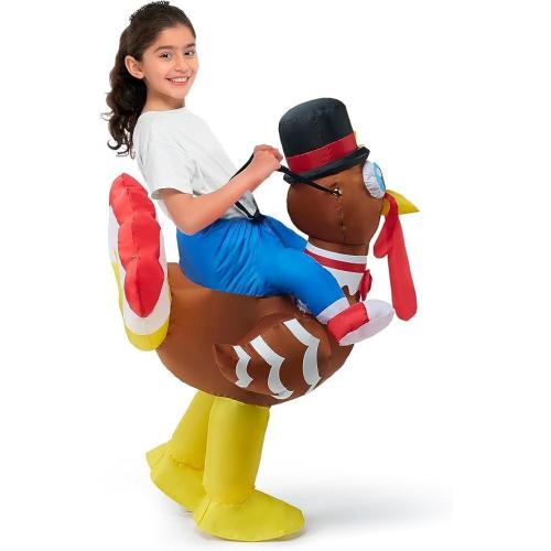 One Size Spooktacular Creations Thanksgiving Turkey Inflatable Costume for Kids, Blow up Costume Riding a Turkey Ride-on for Halloween Party, Cosplay event, Halloween Inflatable Costumes for Boys and Girls