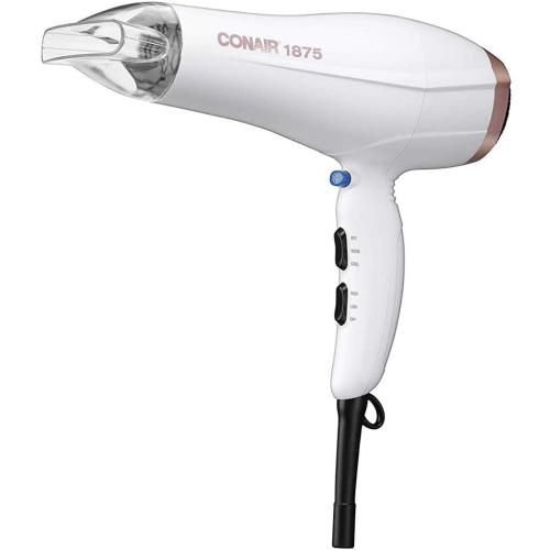 Conair Double Ceramic 1875W Hair Dryer, 3 Heat/ 2 Speed Blow Dryer, Powerful and Fast Drying, Includes Concentrator, Cool Shot Button, Removable Filter, White, Travel hair dryer