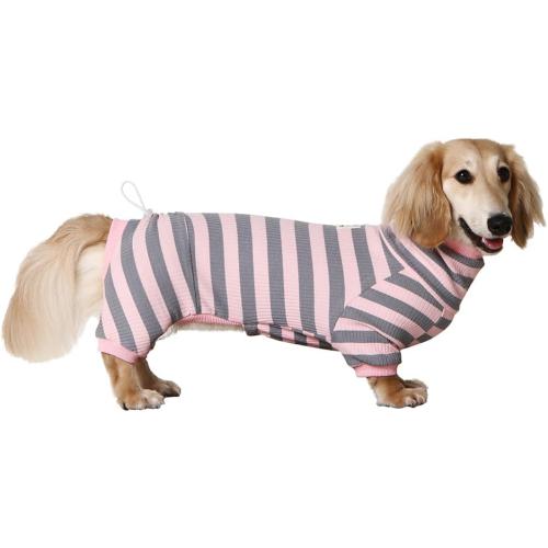 Dachshund Dog Shirt, Thin Striped Base Layer Onesie for Wiener Dogs, Lightweight All-Season Wear, Soft & Comfy Fit for Doxie and Short-Leg Breeds (Pink&Grey, Size 2 (11-16 lbs))