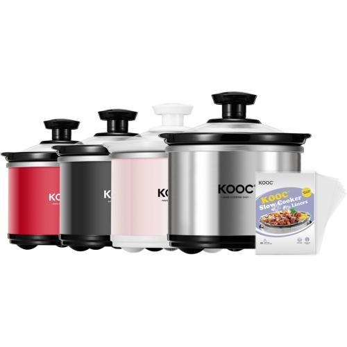 KOOC Small Slow Cooker, 0.65-Quart, Free Liners Included for Easy Clean-up, Upgraded Ceramic Pot, Nutrient Loss Reduction, Stainless Steel, Silver, Round