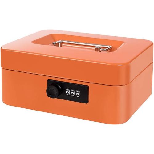 Cash Box with Money Tray and Combination Lock Metal Money Box Change Lock Box for Money 7.87 x 6.3 x 3.54 Orange