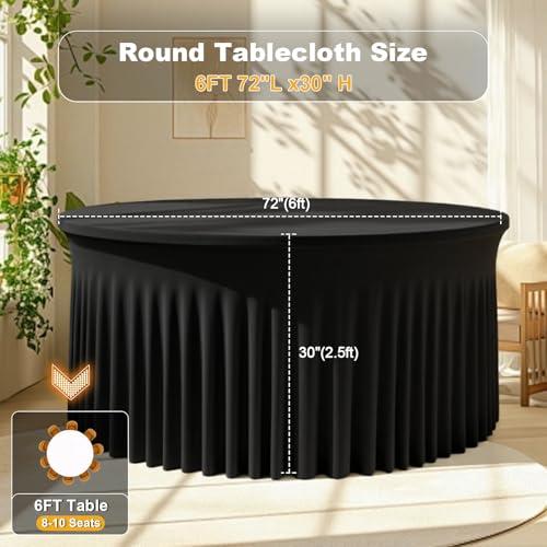 2Pack Black Round Spandex Tablecloths for 72inch/6FT Tables - Stretchy Fitted 6FT Round Table Cloths Wrinkle Free 132inch Table Cloth with Skirt for Wedding Birthday Graduation Party Banquet