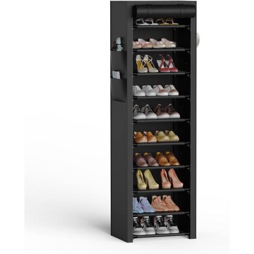VTRIN Vertical Narrow Shoe Rack Organizer 10 Tier Tall Shoe Shelf Holds 20-22 Pairs with Non-Woven Dustproof Cover for Closet, Entryway Black