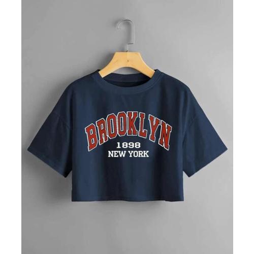 MISSACTIVER Women's Brooklyn New York Letter Print Cropped Tee Crew Neck Short Sleeve Basic Casual Loose Fit Crop T-Shirt Top Navy