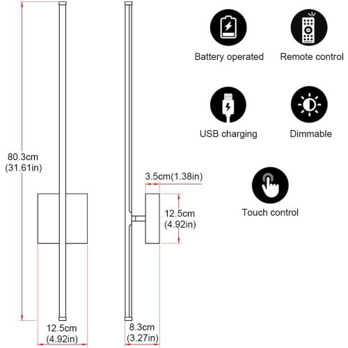 Battery Operated Wall Sconce Set of 2, Black USB Rechargeable Sconces Wall Deco Set of Two, Dimmable Cordless Wall Sconce with Remote Control, LED Wireless Wall Lighting,31.6 in