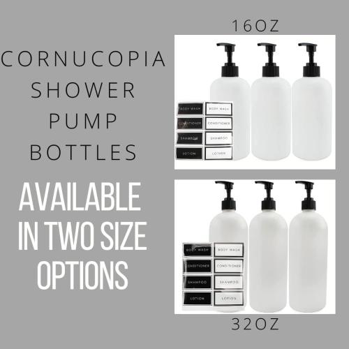 Cornucopia Brands Shower Pump Bottles (Set of 3, White); 16oz Plastic Pump Dispensers for Shampoo, Conditioner, and Body Wash