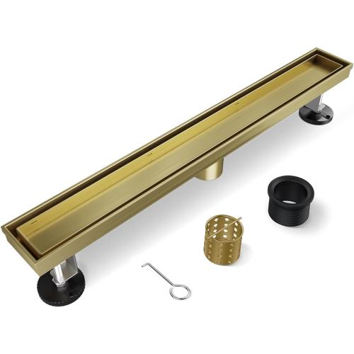2-in-1 Titanium Gold Linear Shower Drain 24 with Tile Insert Grate | 304 Stainless Steel, Brushed, with Flat & Tile Insert Cover, Leveling Feet, for Bathroom, Kitchen, Remodel Shower, Tile Floor