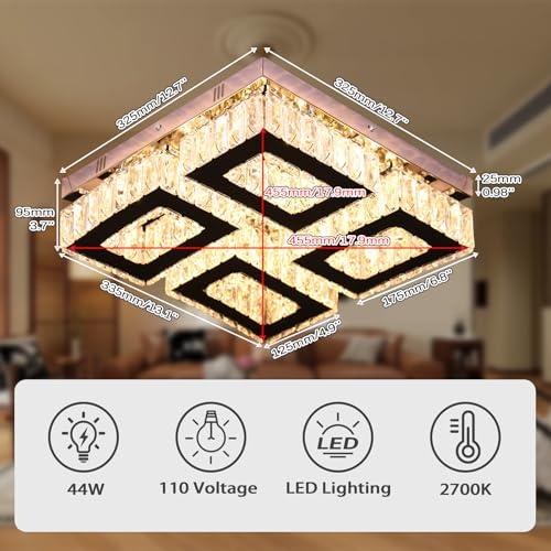 13.1''Square Crystal Chandelier Modern Crystal Ceiling Light Flush Mount Ceiling Lamps for Dining Room Living Room Bedroom Hallway (Warm)