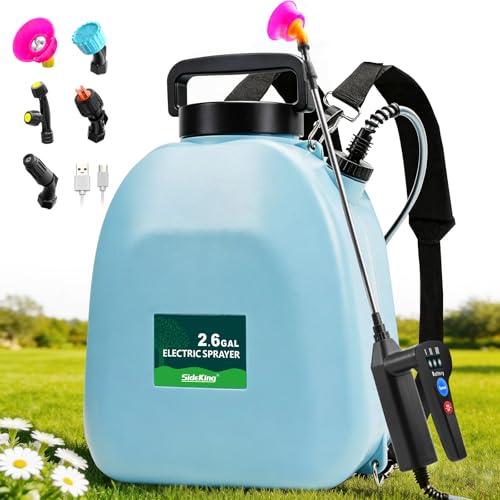 SideKing 2.6 Gallon Battery Powered Backpack Sprayer, Electric Weed Sprayer with 3 Adjustable Pressures, Battery Indicator, 5 Nozzles & 40 Telescopic Wand, Rechargeable Garden Sprayer for Lawn & Yard